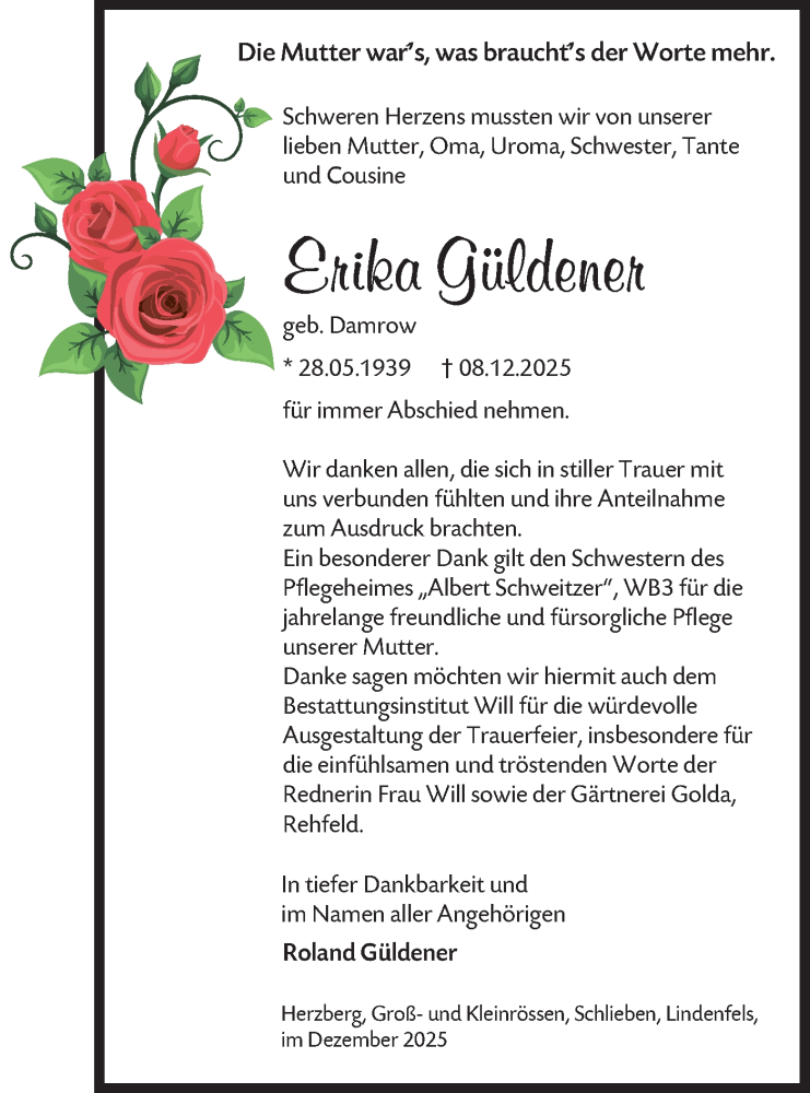 Traueranzeige für Erika Güldener vom 17.01.2026 aus Lausitzer Rundschau