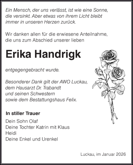 Traueranzeige von Erika Handrigk von Ausg. LR Spreewald RS