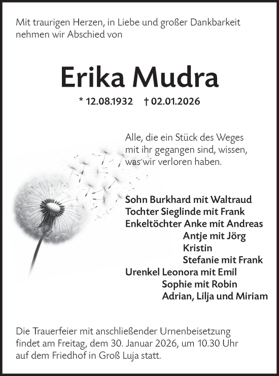 Traueranzeige von Erika Mudra von Lausitzer Rundschau