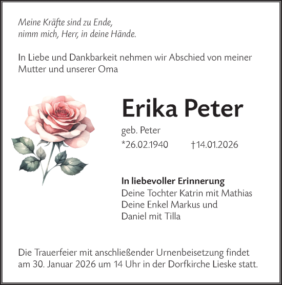 Traueranzeige von Erika Peter von Ausg. LR Spreewald RS