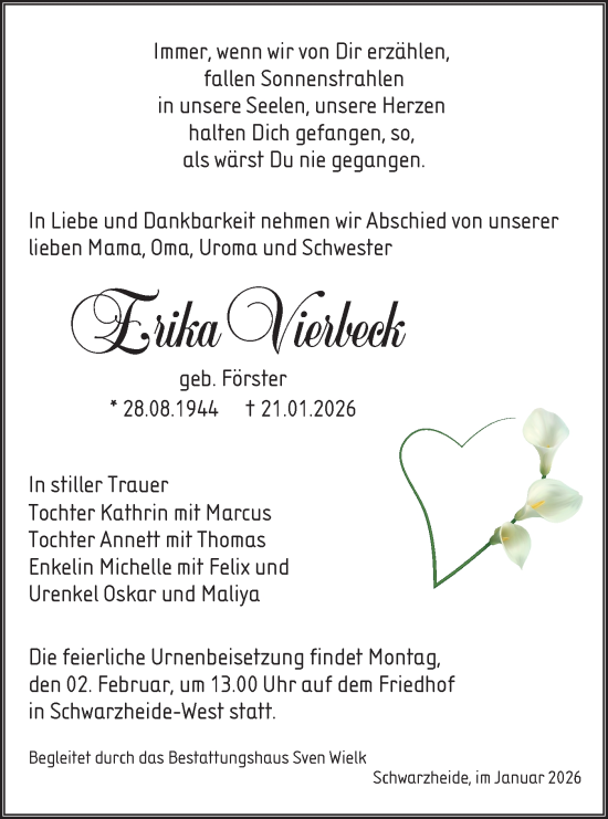 Traueranzeige von Erika Vierbeck von Lausitzer Rundschau