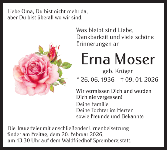 Traueranzeige von Erna Moser von Lausitzer Rundschau