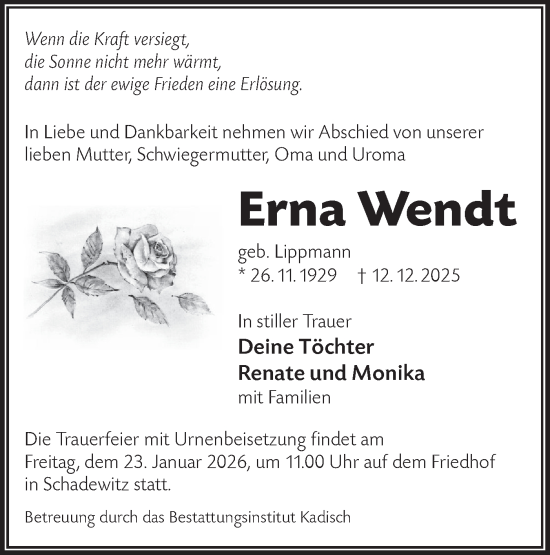 Traueranzeige von Erna Wendt von Lausitzer Rundschau