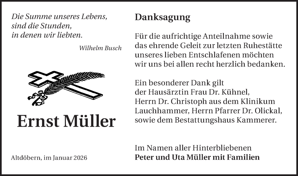  Traueranzeige für Ernst Müller vom 17.01.2026 aus Ausg. LR Spreewald RS