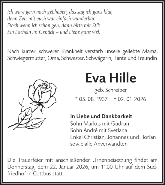 Traueranzeige von Eva Hille von Lausitzer Rundschau