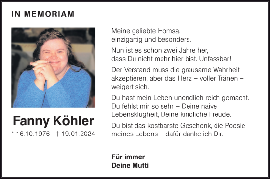 Traueranzeige von Fanny Köhler von Ausg. LR Spreewald RS