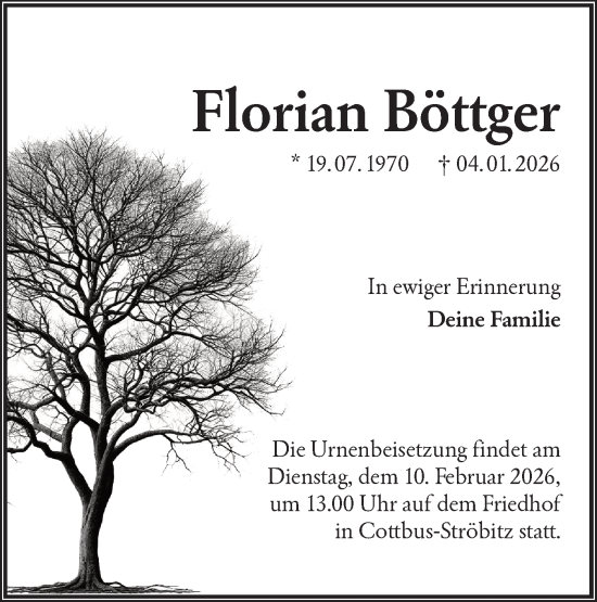 Traueranzeige von Florian Böttger von Lausitzer Rundschau