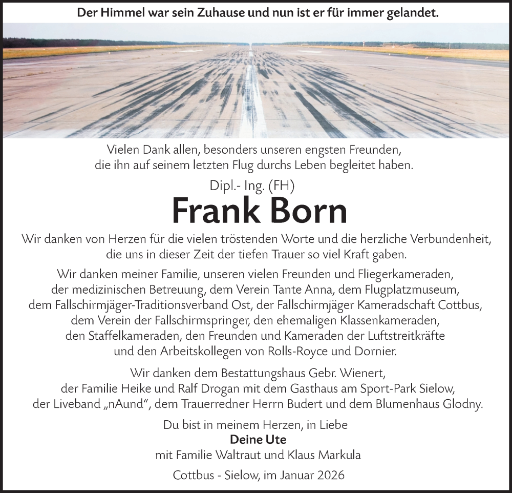  Traueranzeige für Frank Born vom 31.01.2026 aus Lausitzer Rundschau