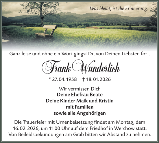 Traueranzeige von Frank Wunderlich von Ausg. LR Spreewald RS