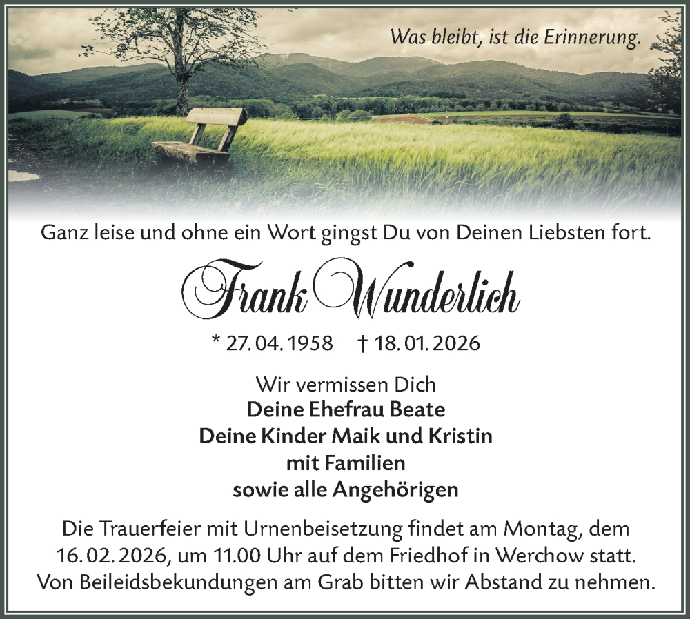  Traueranzeige für Frank Wunderlich vom 31.01.2026 aus Ausg. LR Spreewald RS