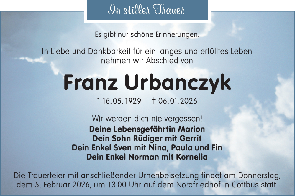  Traueranzeige für Franz Urbanczyk vom 31.01.2026 aus Lausitzer Rundschau