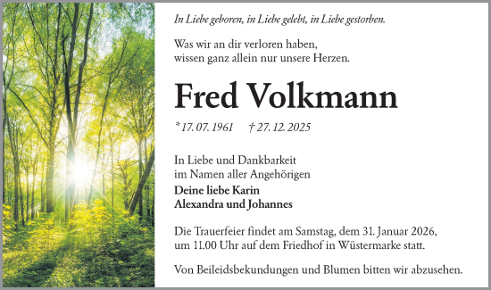 Traueranzeige von Fred Volkmann von Ausg. LR Spreewald RS