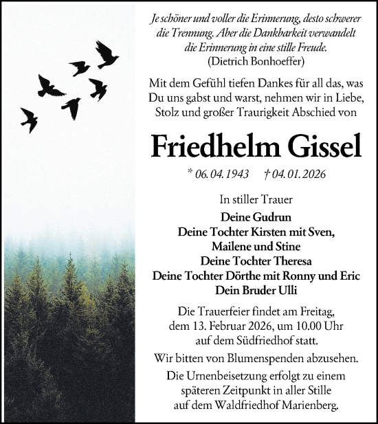 Traueranzeige von Friedhelm Gissel von Lausitzer Rundschau