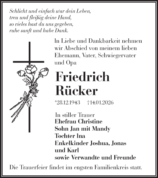 Traueranzeige von Friedrich Rücker von Lausitzer Rundschau