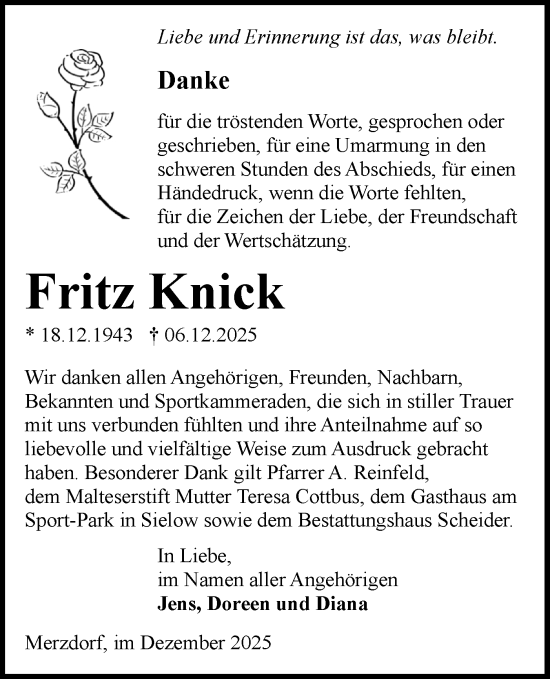 Traueranzeige von Fritz Knick von Lausitzer Rundschau