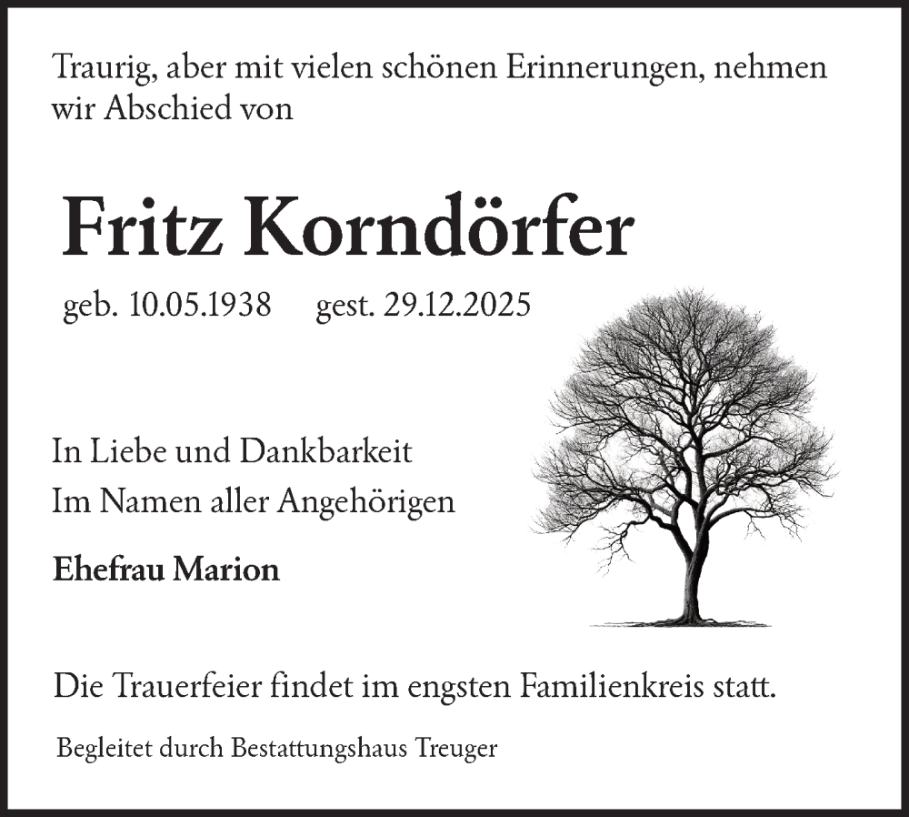  Traueranzeige für Fritz Korndörfer vom 10.01.2026 aus Lausitzer Rundschau