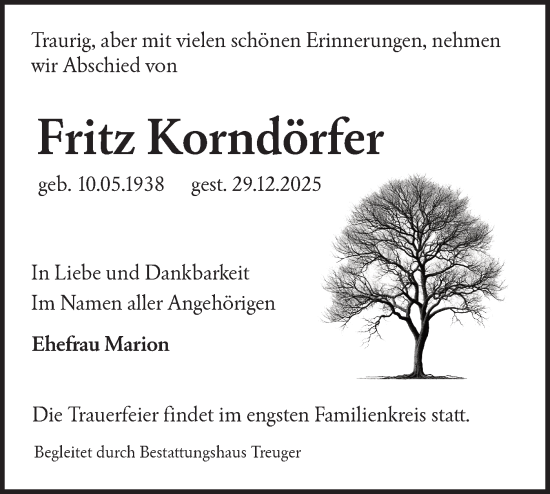 Traueranzeige von Fritz Korndörfer von Lausitzer Rundschau