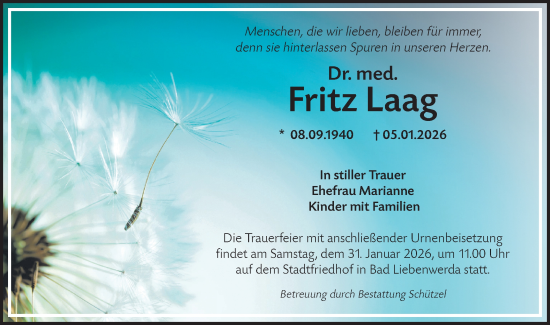 Traueranzeige von Fritz Laag von Lausitzer Rundschau