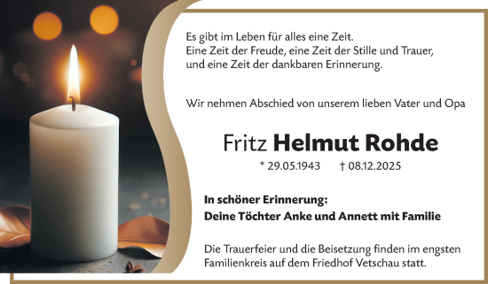 Traueranzeige von Fritz Helmut Rohde von Ausg. LR Spreewald RS
