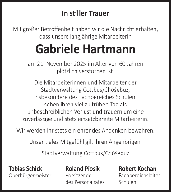 Traueranzeige von Gabriele Hartmann von Lausitzer Rundschau