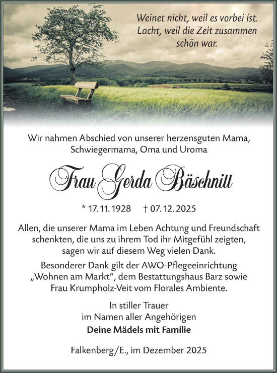 Traueranzeige von Gerda Bäschnitt von Lausitzer Rundschau