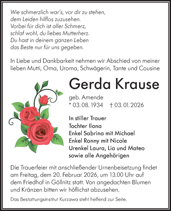 Traueranzeige von Gerda Krause von Lausitzer Rundschau