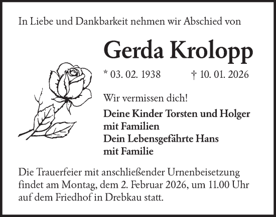 Traueranzeige von Gerda Krolopp von Lausitzer Rundschau