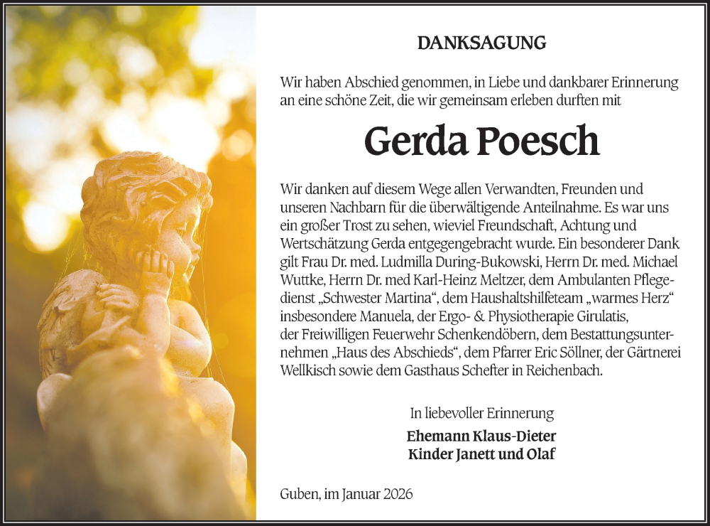  Traueranzeige für Gerda Poesch vom 24.01.2026 aus Lausitzer Rundschau
