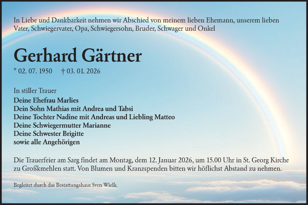  Traueranzeige für Gerhard Gärtner vom 10.01.2026 aus Lausitzer Rundschau