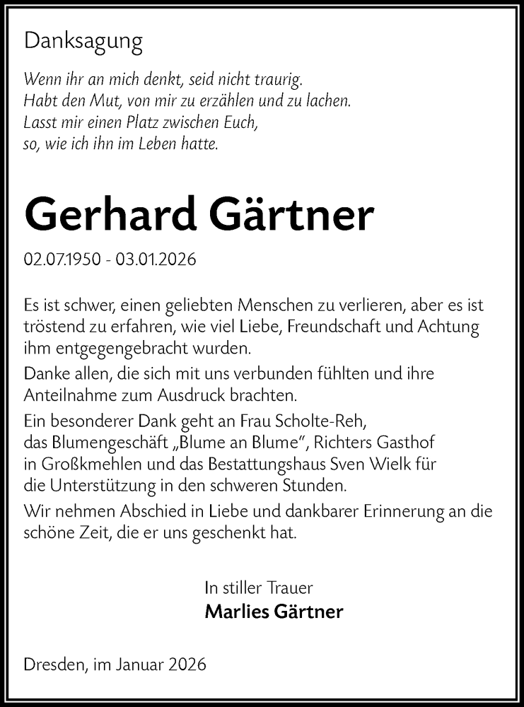  Traueranzeige für Gerhard Gärtner vom 31.01.2026 aus Lausitzer Rundschau