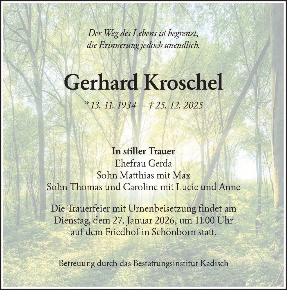  Traueranzeige für Gerhard Kroschel vom 17.01.2026 aus Lausitzer Rundschau