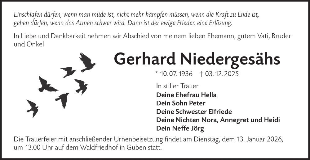  Traueranzeige für Gerhard Niedergesähs vom 03.01.2026 aus Lausitzer Rundschau