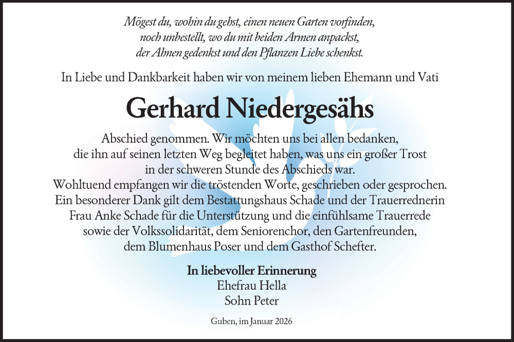  Traueranzeige für Gerhard Niedergesähs vom 28.01.2026 aus Lausitzer Rundschau