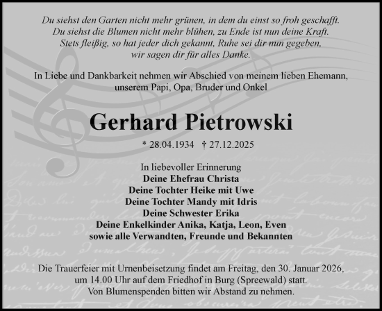 Traueranzeige von Gerhard Pietrowski von Lausitzer Rundschau