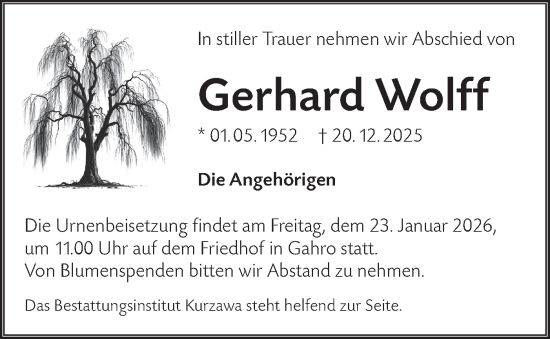 Traueranzeige von Gerhard Wolff von Lausitzer Rundschau