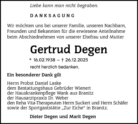 Traueranzeige von Gertrud Degen von Lausitzer Rundschau