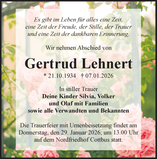 Traueranzeige von Gertrud Lehnert von Lausitzer Rundschau
