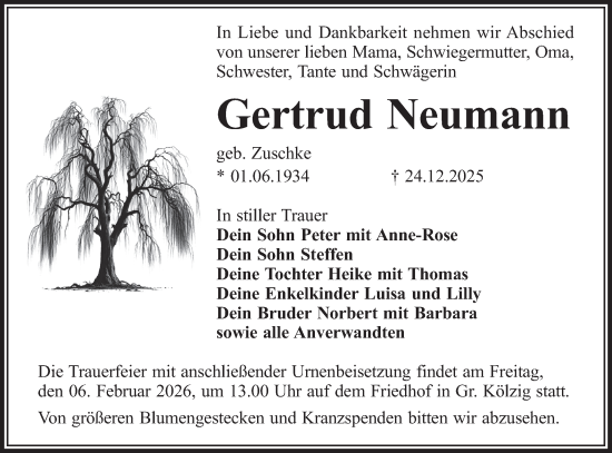 Traueranzeige von Gertrud Neumann von Lausitzer Rundschau