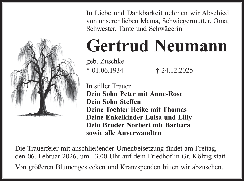  Traueranzeige für Gertrud Neumann vom 24.01.2026 aus Lausitzer Rundschau