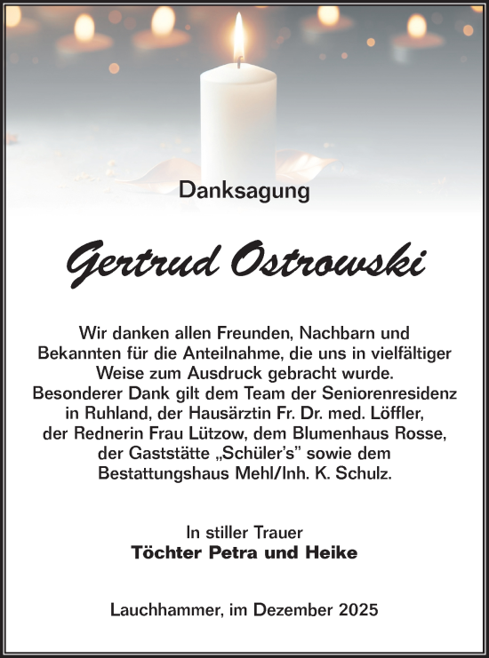 Traueranzeige von Gertrud Ostrowski von Lausitzer Rundschau