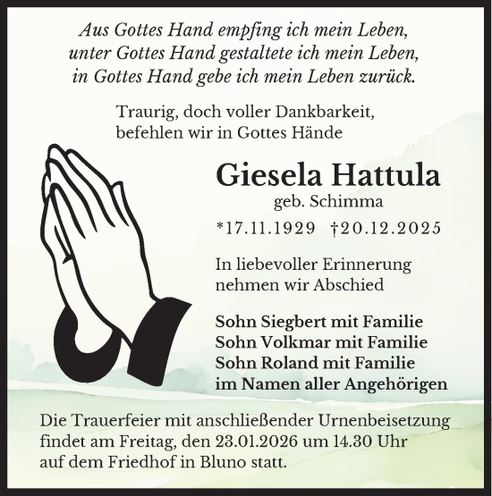 Traueranzeige von Giesela Hattula von Lausitzer Rundschau