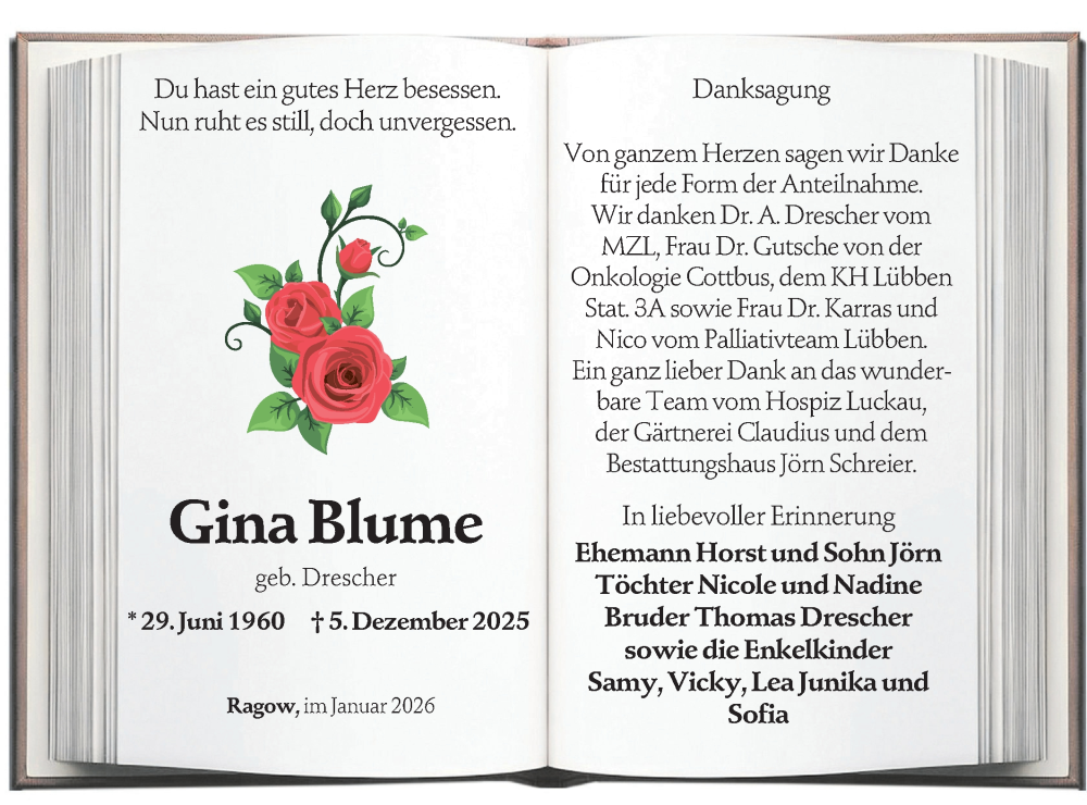  Traueranzeige für Gina Blume vom 17.01.2026 aus Ausg. LR Spreewald RS