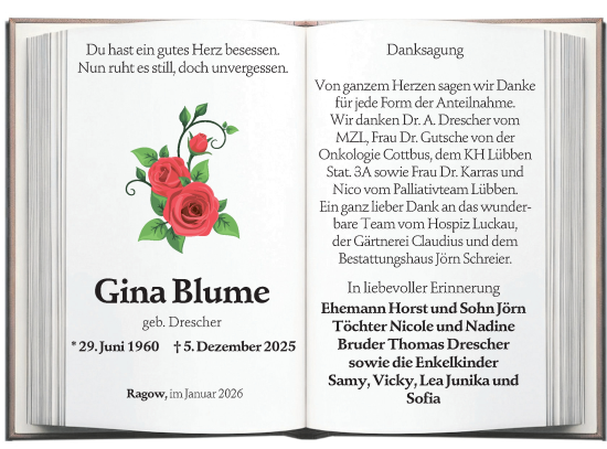 Traueranzeige von Gina Blume von Ausg. LR Spreewald RS