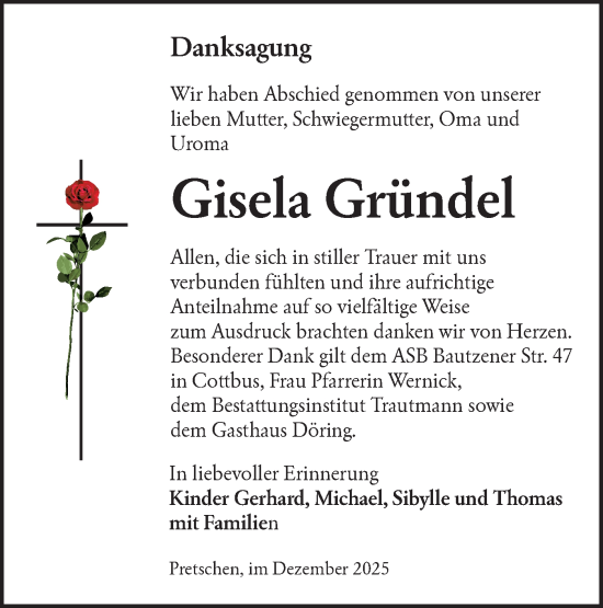Traueranzeige von Gisela Gründel von Ausg. LR Spreewald RS