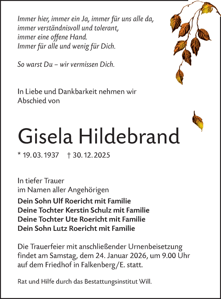  Traueranzeige für Gisela Hildebrand vom 17.01.2026 aus Lausitzer Rundschau