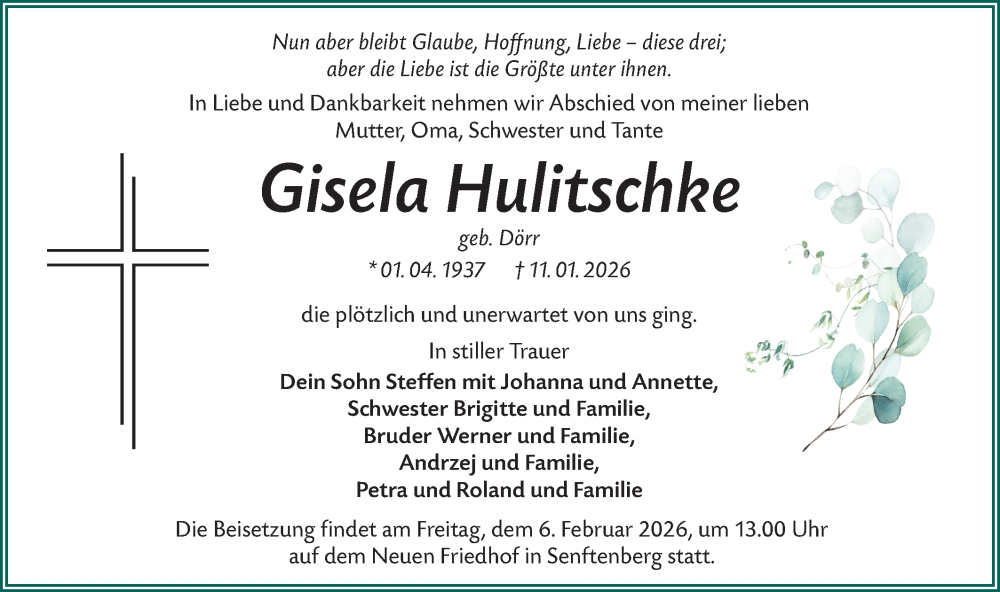  Traueranzeige für Gisela Hulitschke vom 31.01.2026 aus Lausitzer Rundschau