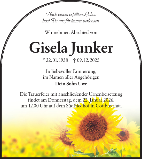 Traueranzeige von Gisela Junker von Lausitzer Rundschau