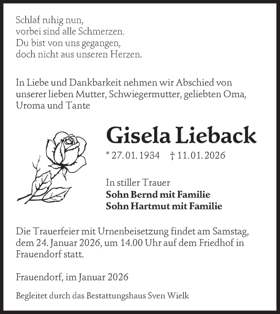 Traueranzeige von Gisela Lieback von Lausitzer Rundschau