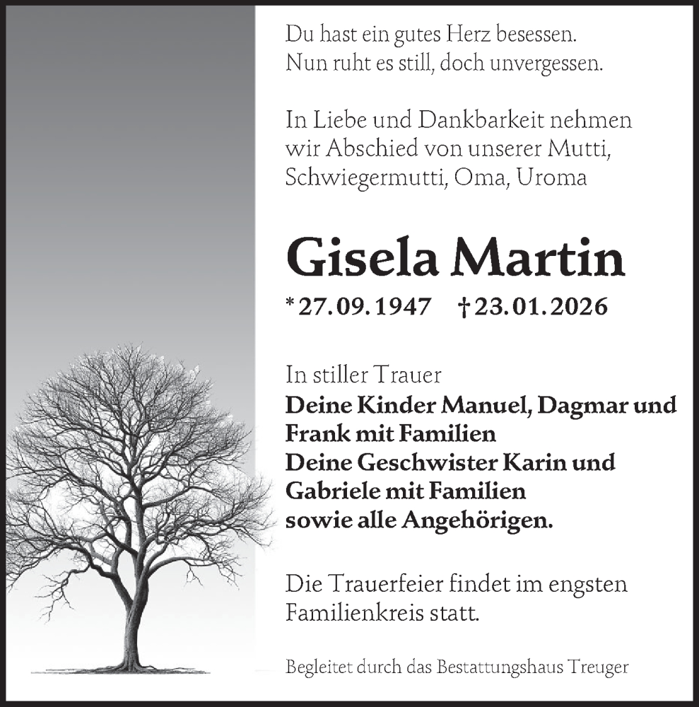  Traueranzeige für Gisela Martin vom 31.01.2026 aus Lausitzer Rundschau