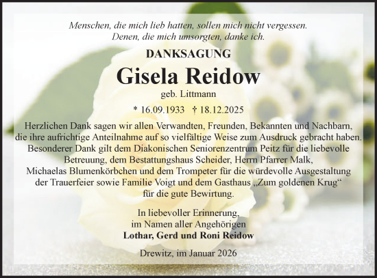 Traueranzeige von Gisela Reidow von Lausitzer Rundschau